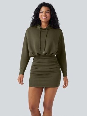 Olive Green Hooded Ruched Bodycon Dress